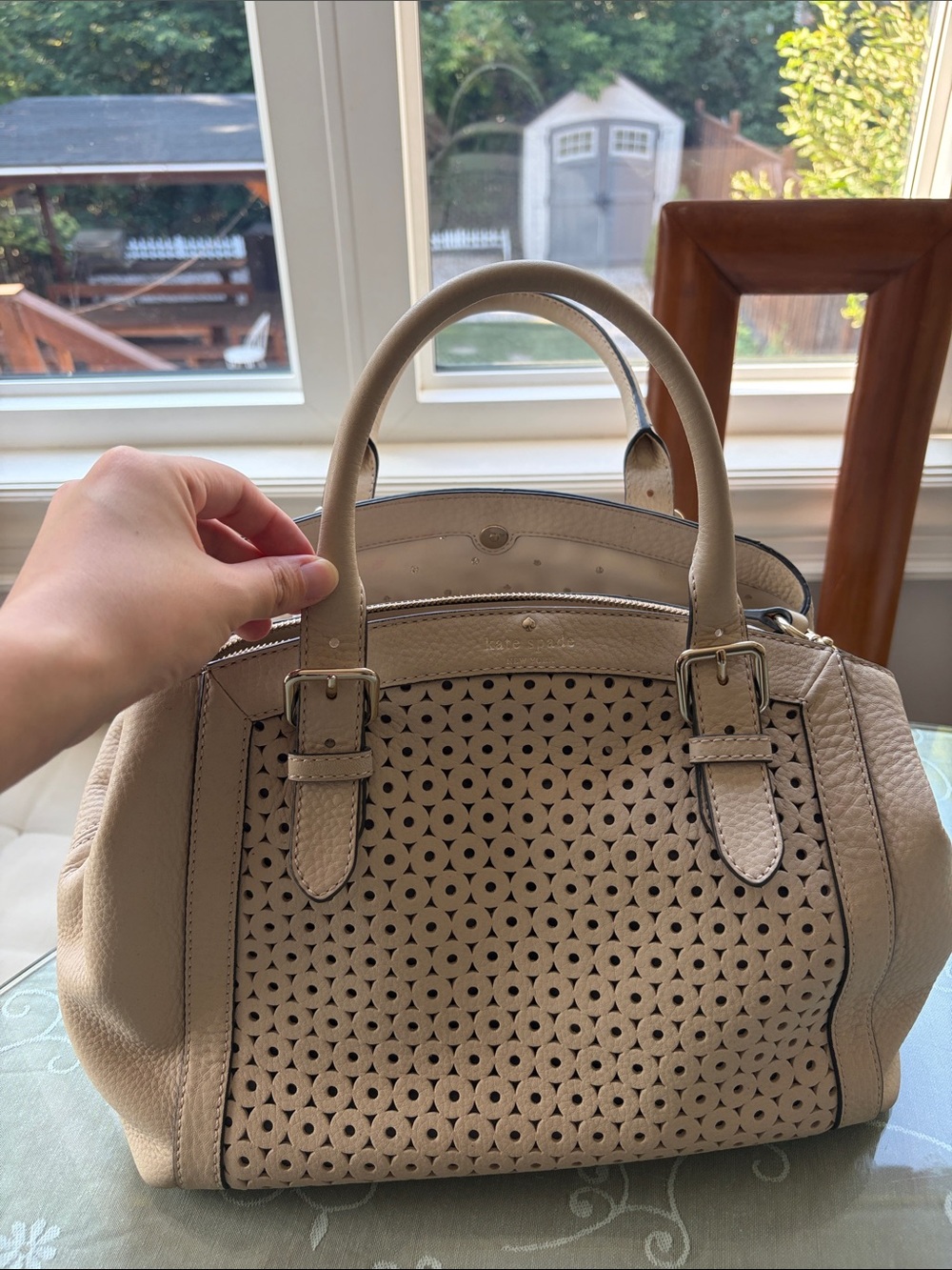 Beige Perforated Leather Satchel Handbag - Women Bags